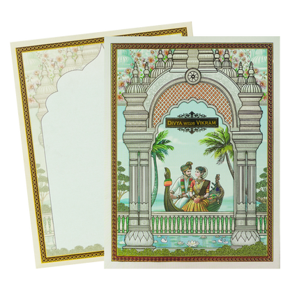 Blue Jharokha Boat Palms Wedding Card-KNKJ1156