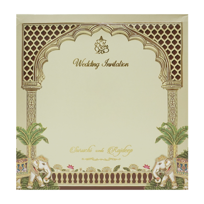 Cream Brown Laser Cut Padded Royal Elephant Arch Wedding Card - KMMEX8050