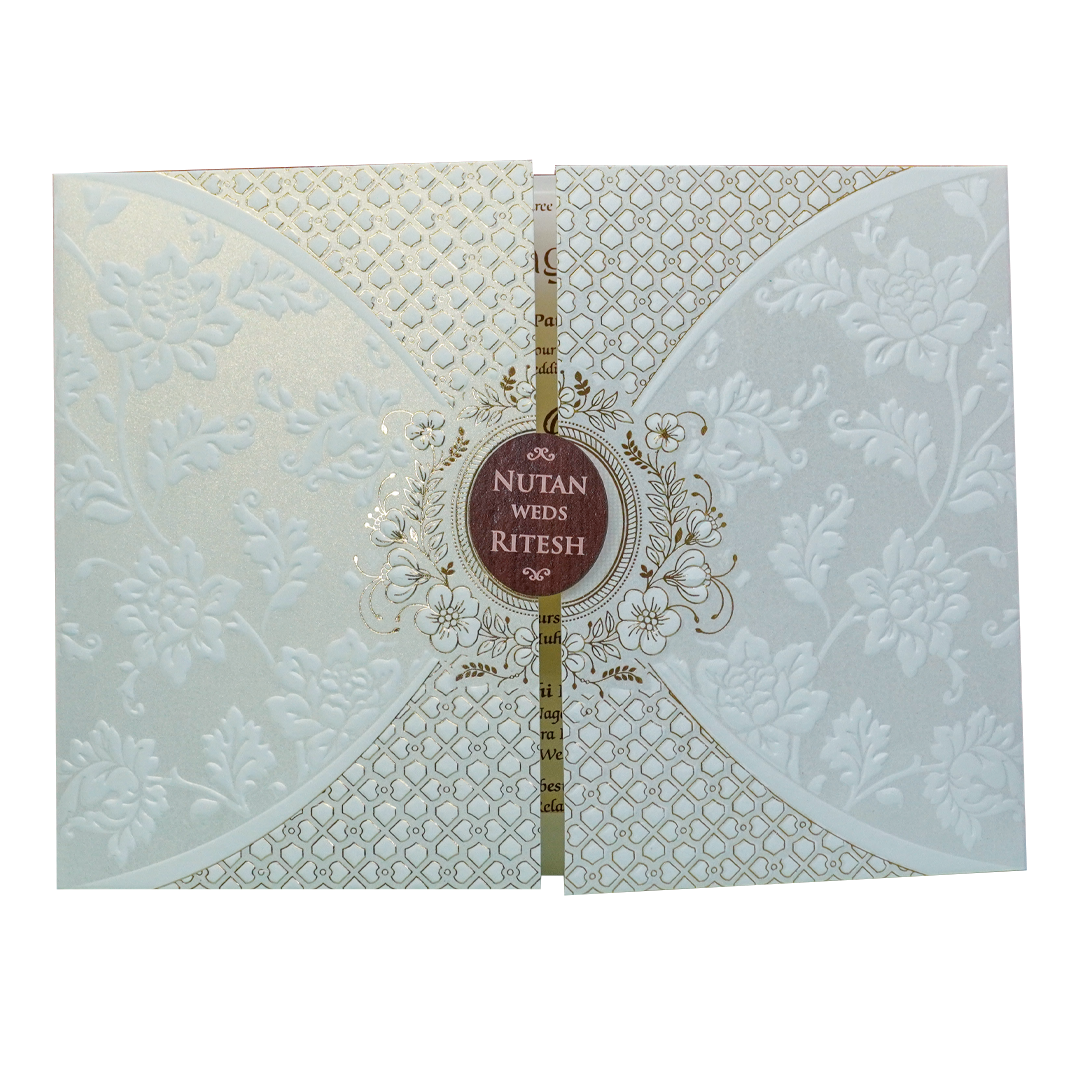 White Floral Patterned Embossed Padded Wedding Card - KRE28600