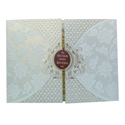 White Floral Patterned Embossed Padded Wedding Card - KRE28600
