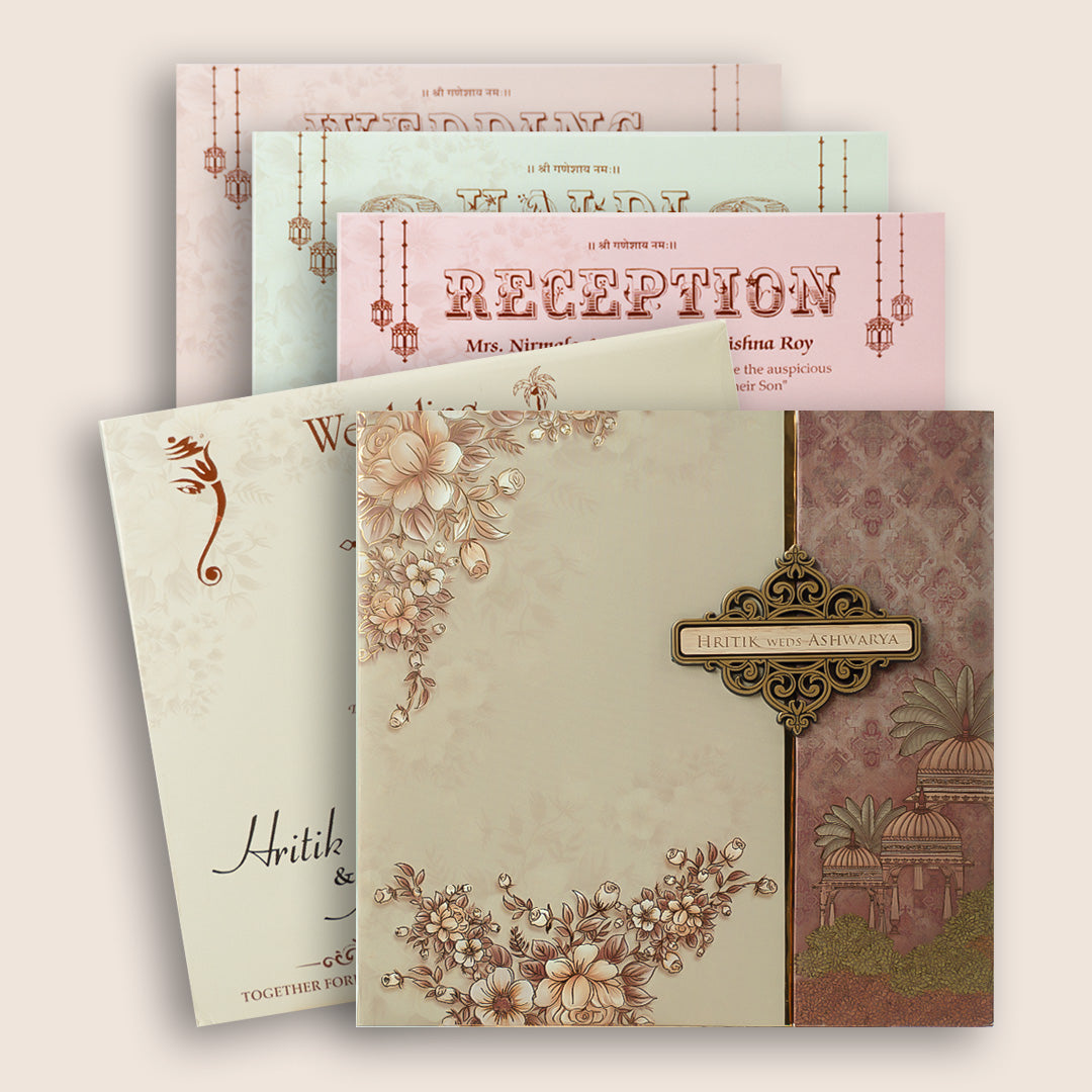 Beige Floral Padded Door Style Wedding Invitation  - KSH72980