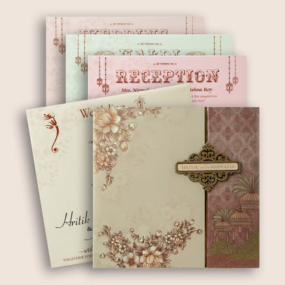 Beige Floral Padded Door Style Wedding Invitation  - KSH72980