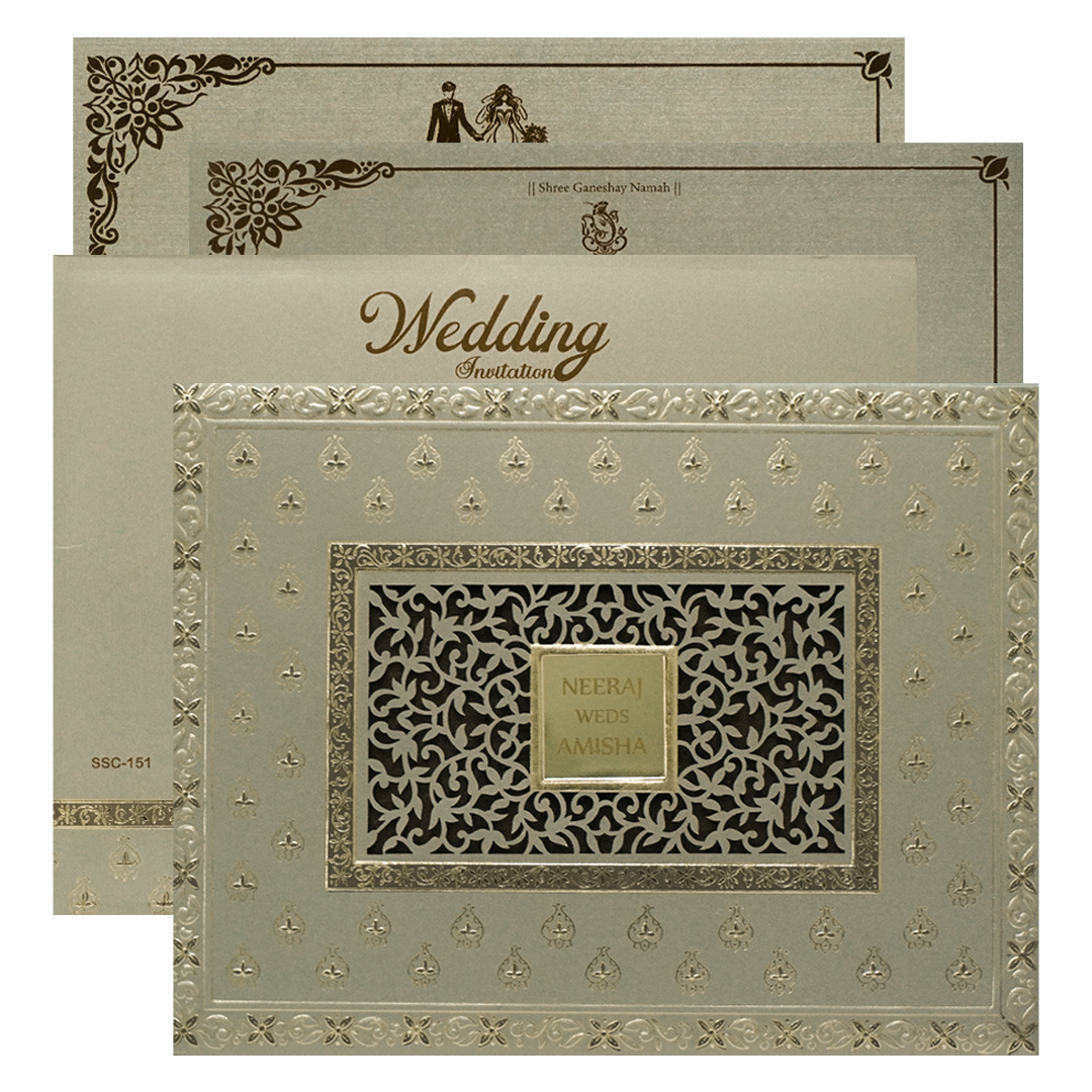 Grey Gold Jaali Padded Wedding Card-KSSC1510