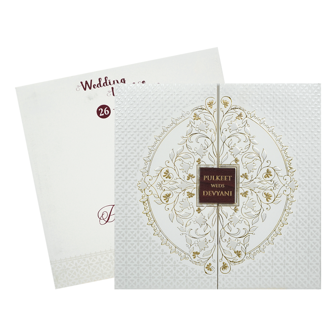 White Embossed Gold Door Padded Wedding Card-KJTS1855