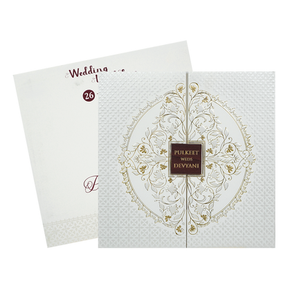 White Embossed Gold Door Padded Wedding Card-KJTS1855