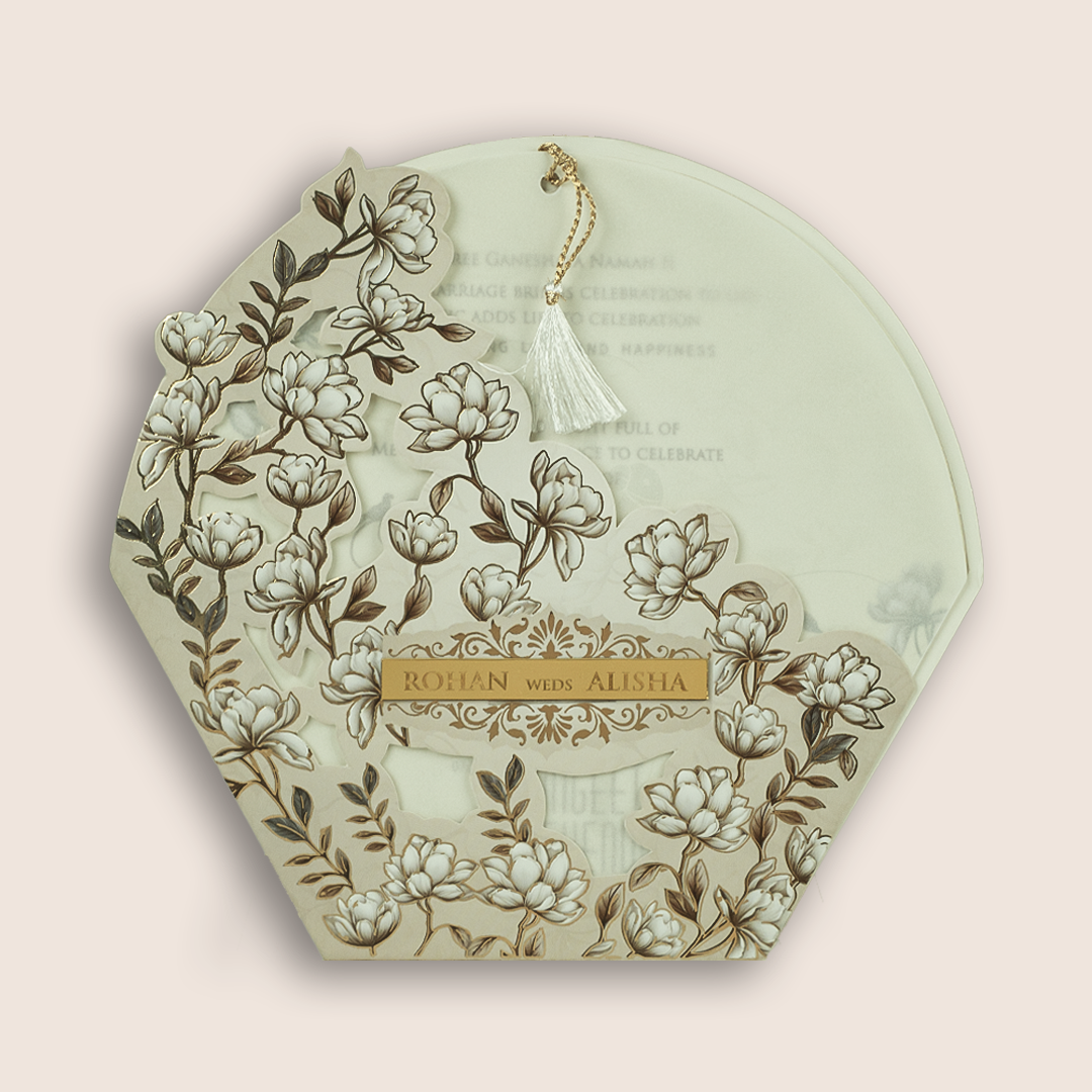 Cream Lilly Flower Laser Cut Marriage Card - KFR17250