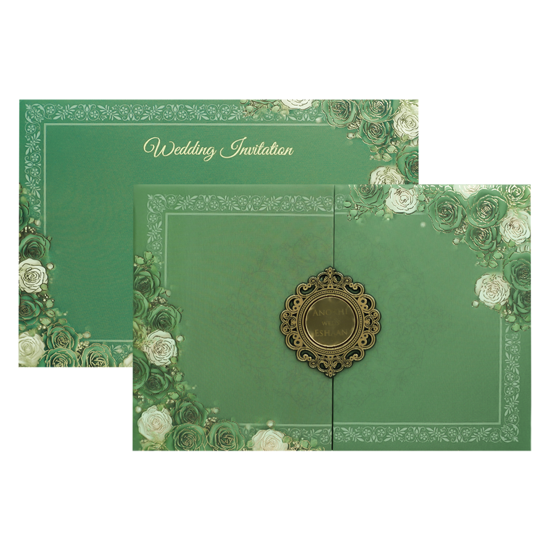 Green Floral Padded Wedding Card-KJTS3672