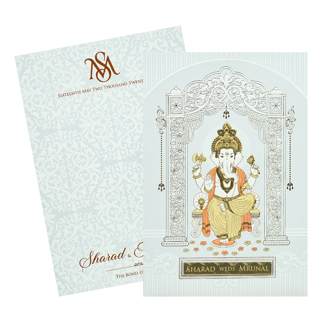 White Ganesha Arch Wedding card-KRE28630