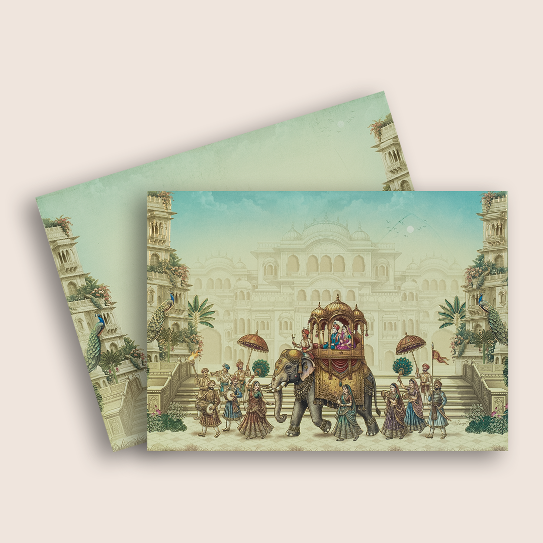 Cream Elephant Baraat Wedding Card - KAA05500