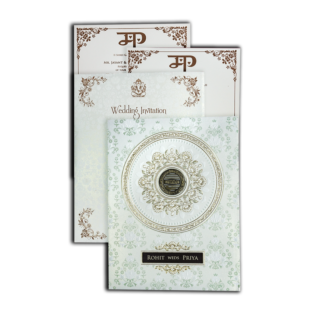 White Floral Circle Padded Wedding Card-KSH73580