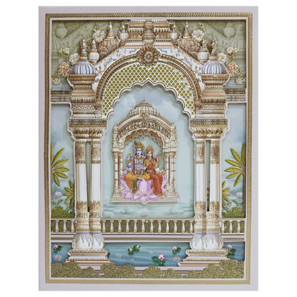 Green Gold Radha Krishna 3D Palace Padded Wedding Card-KMMEX8160