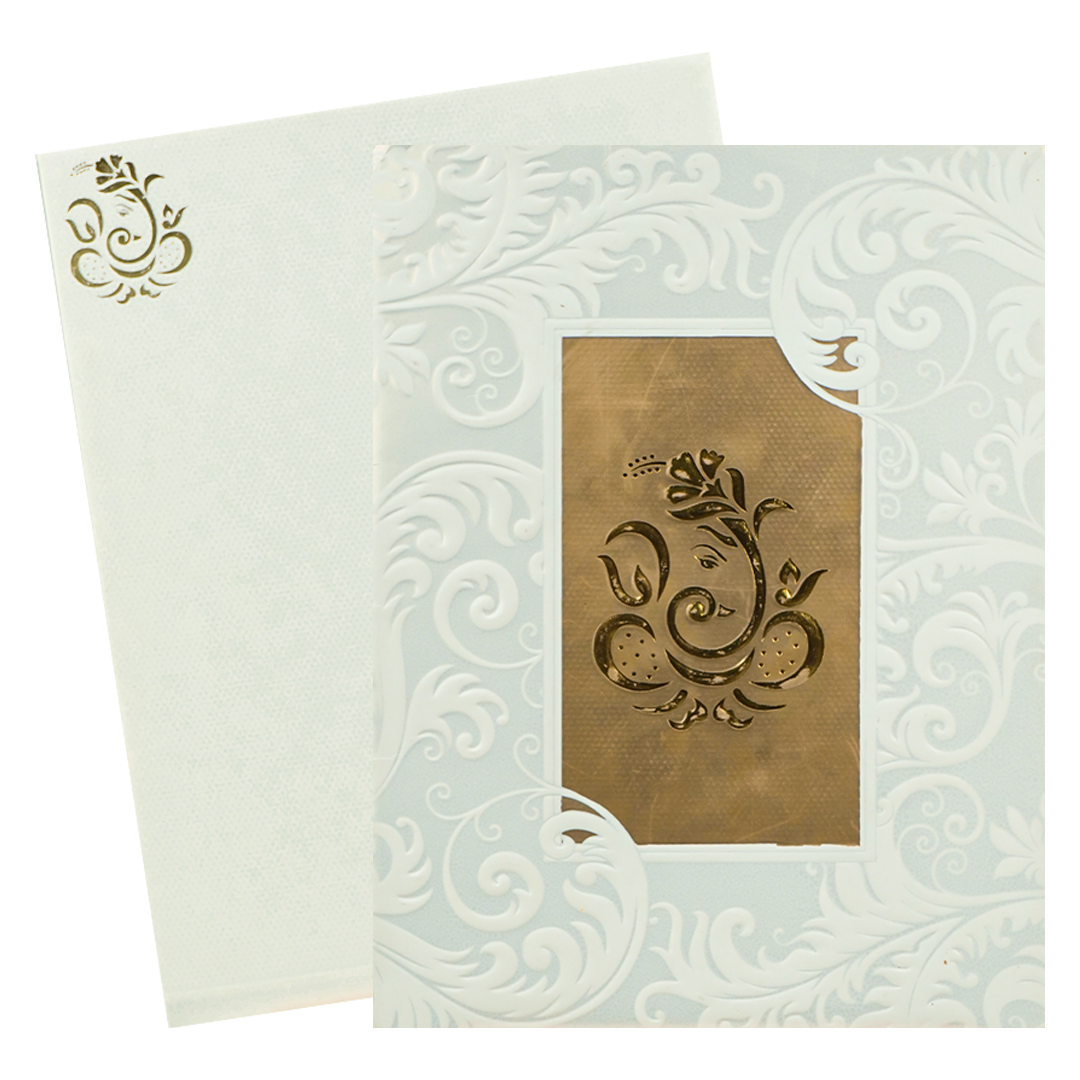 White Embossed Ganesha Wedding Card-KNK1828
