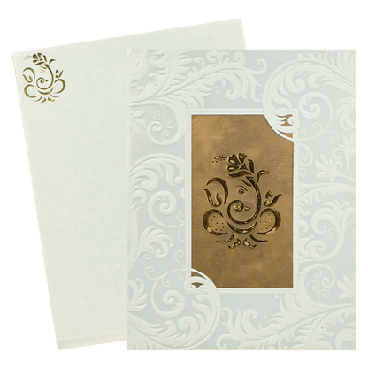 White Embossed Ganesha Wedding Card-KNK1828