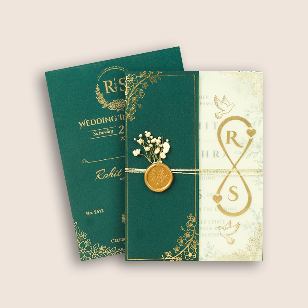 Teal Green Floral Wax Seal Invitation Card - KJP25120