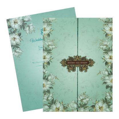 Pastel Blue Floral Wood Foil Padded Wedding Card-KJTS3659