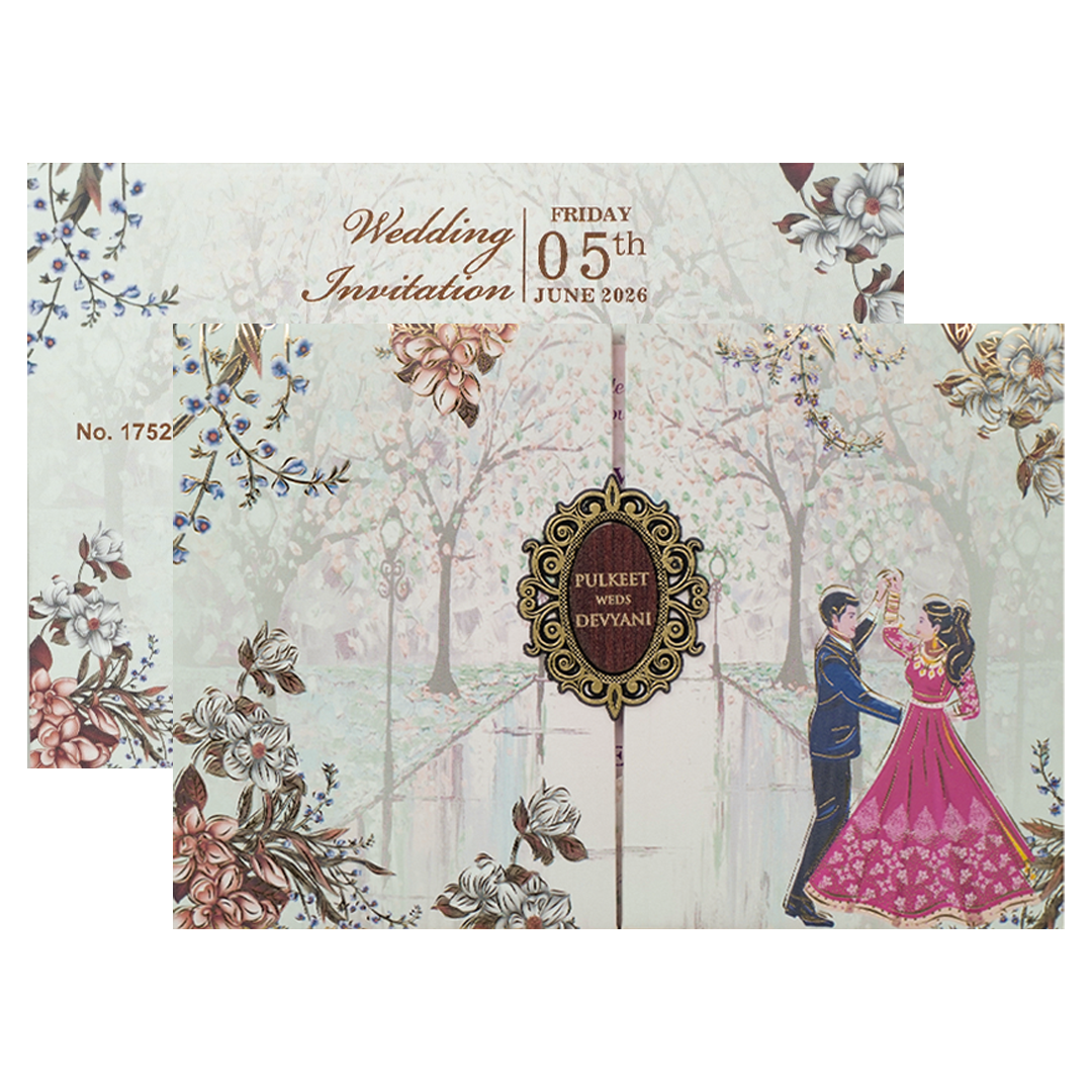 Grey Couple Dance Floral Padded Wedding Card-KJTS1752