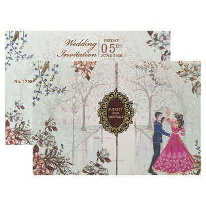 Grey Couple Dance Floral Padded Wedding Card-KJTS1752