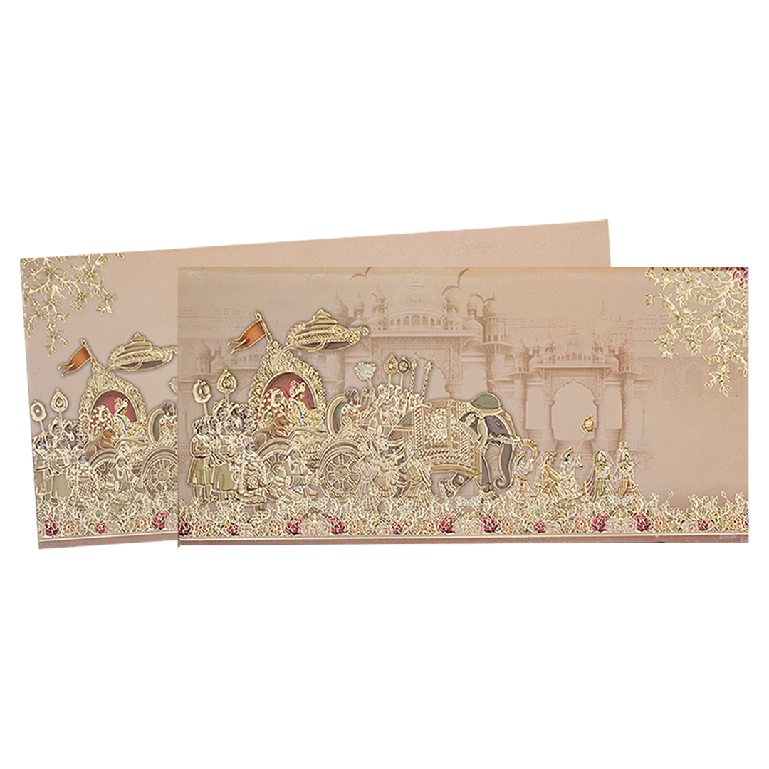 Peach Bride Groom Baraat Palace Wedding Card - KPR06520