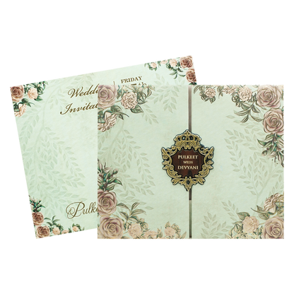 Green Floral Gold Padded Wedding Card-KJTS1770