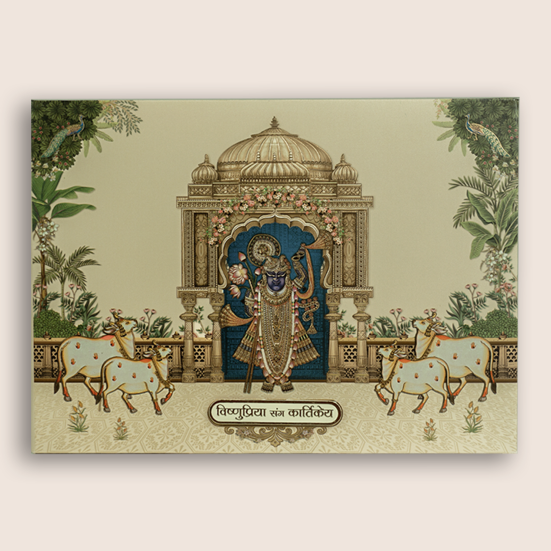 Beige Lord Shrinathji Floral Wedding Card - KAA06140