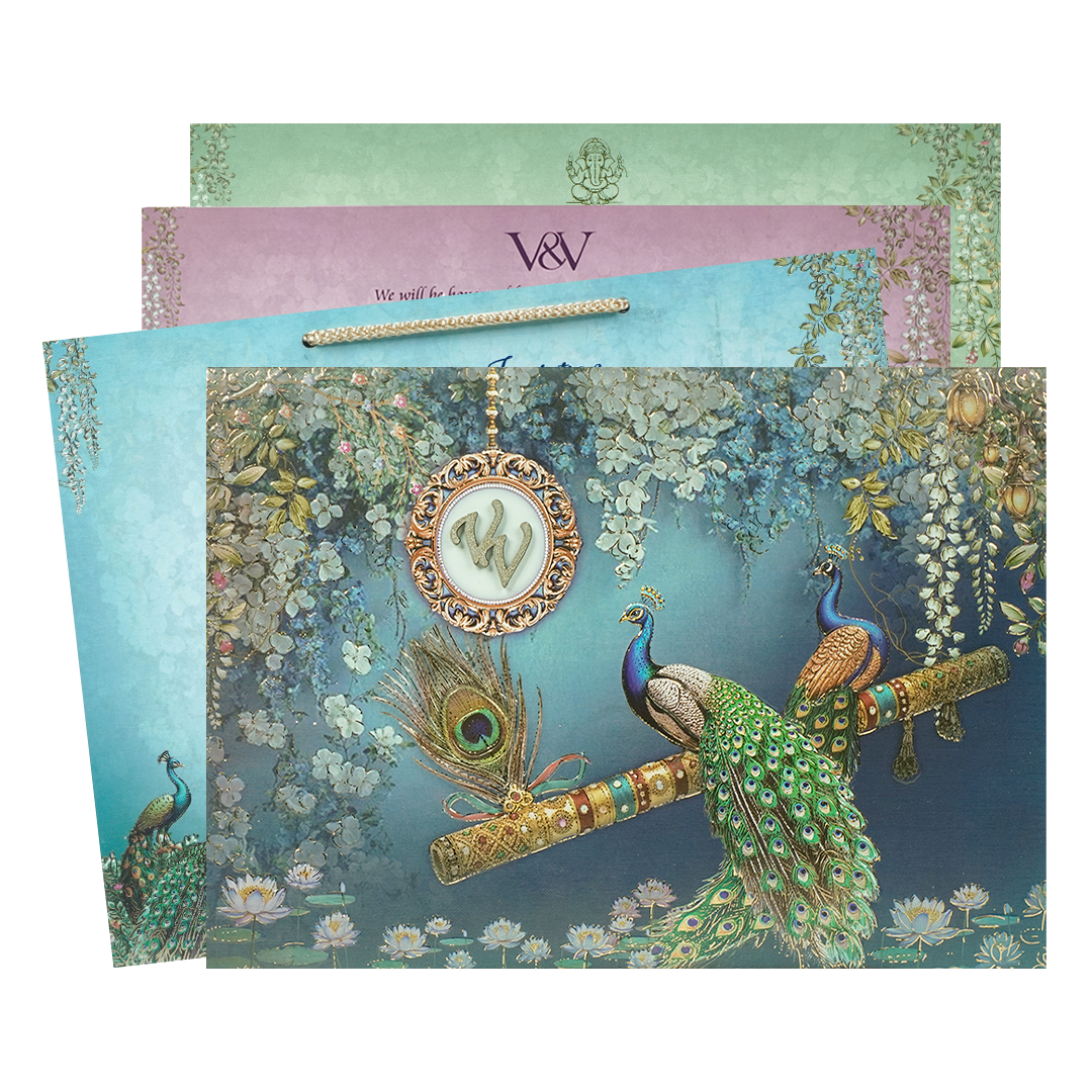 Navy Blue Peacock Bag Style Wedding Card-KSI65160