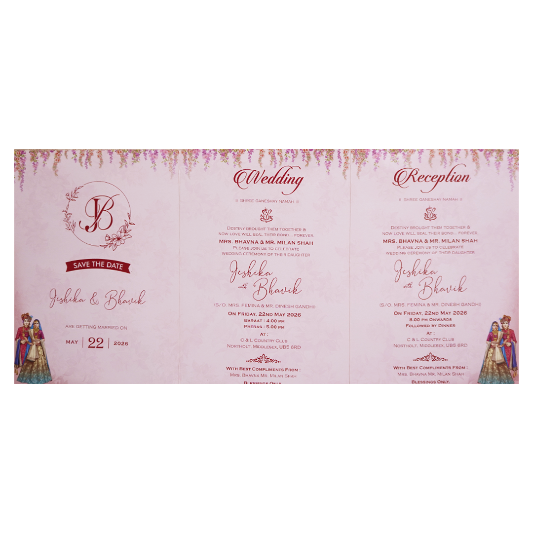 Royal Pink Couple Peacock Bag Wedding Card - KSH73180