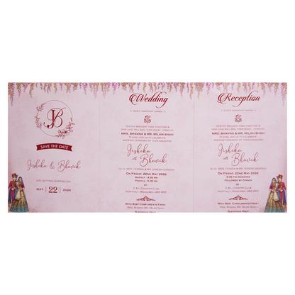 Royal Pink Couple Peacock Bag Wedding Card - KSH73180