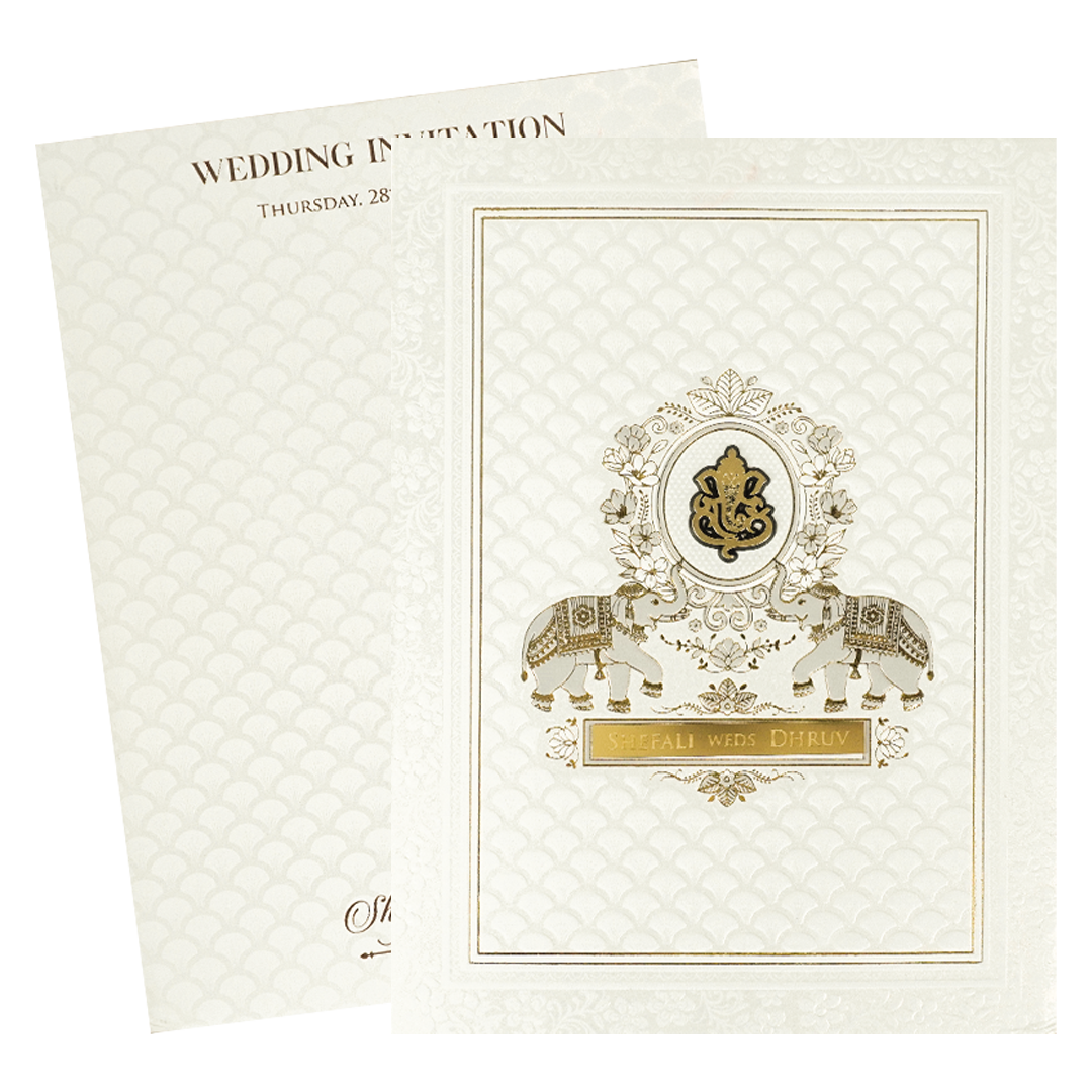 White Ganesha Embossed Padded Wedding Card-KRE28160