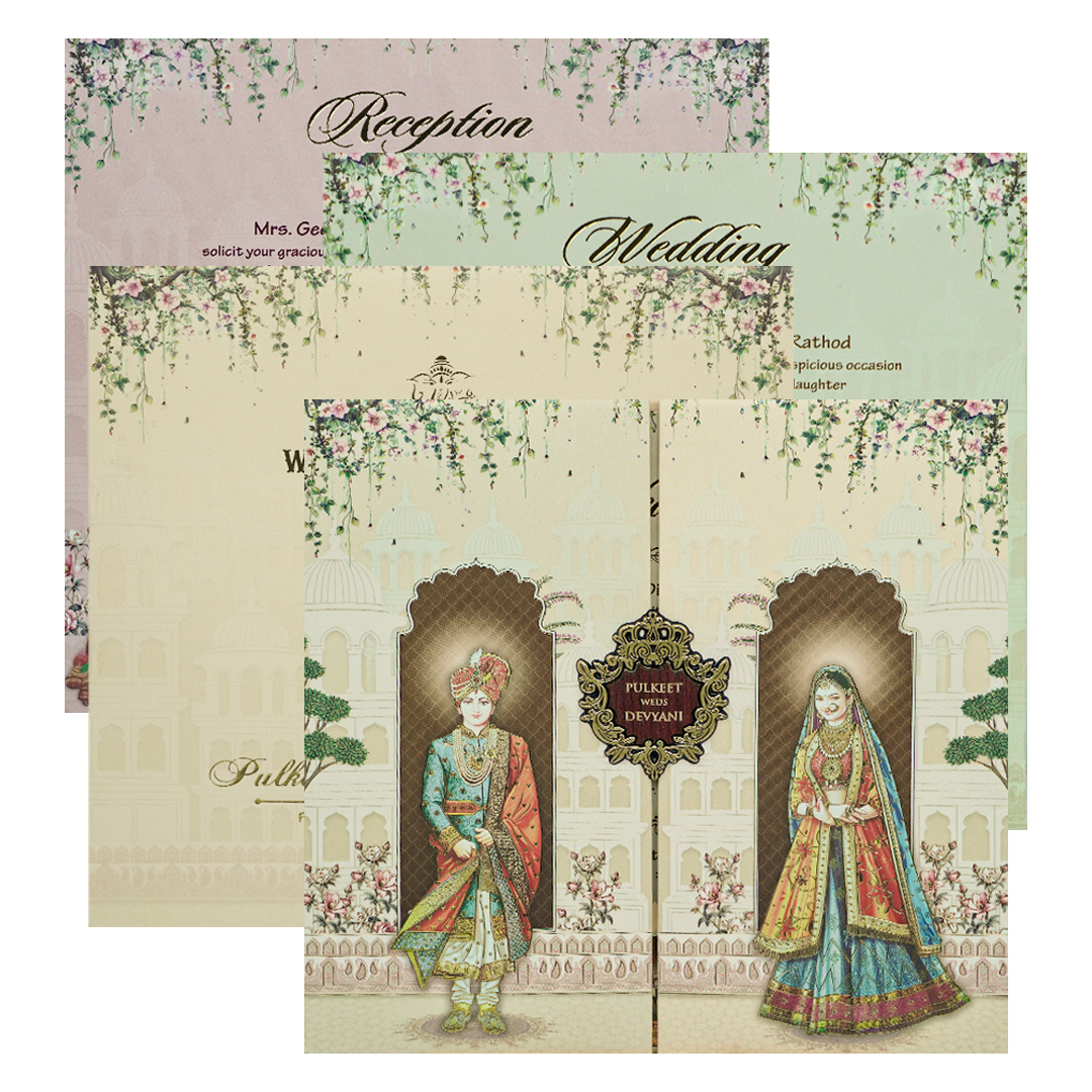 Cream Royal Couple Palace Padded Wedding Card-KJTS1818