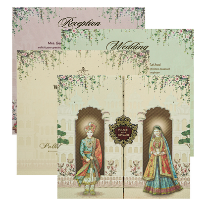 Cream Royal Couple Palace Padded Wedding Card-KJTS1818