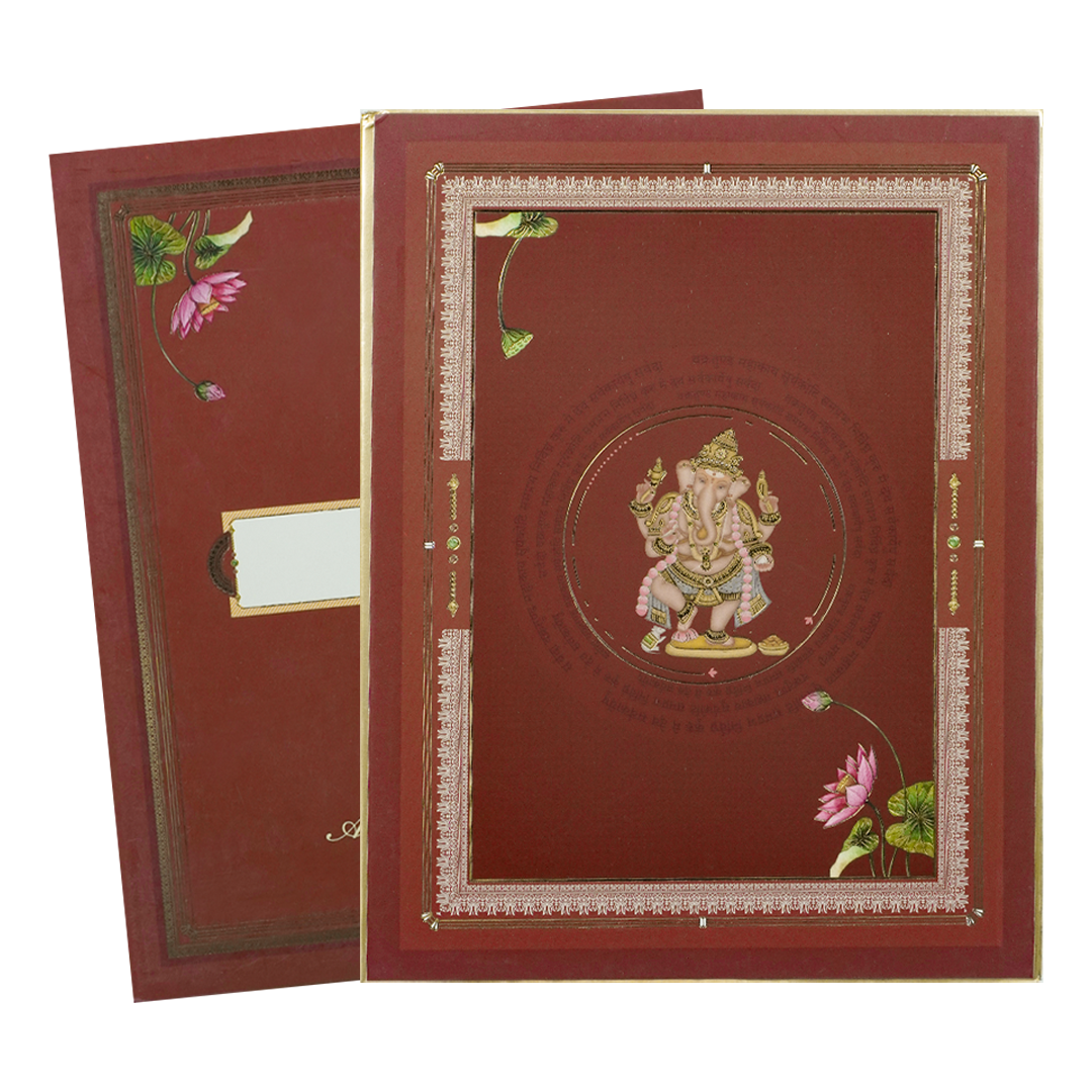 Maroon Ganesha Motif Padded Wedding Card-KBM05240