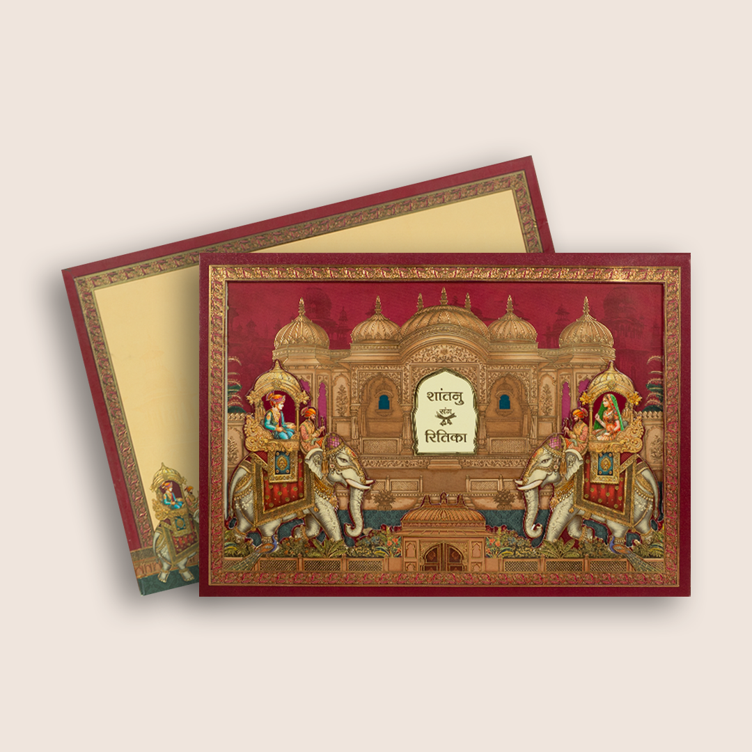 Pink Padded Royal Elephant Baraat Invitation Card - KAA05960