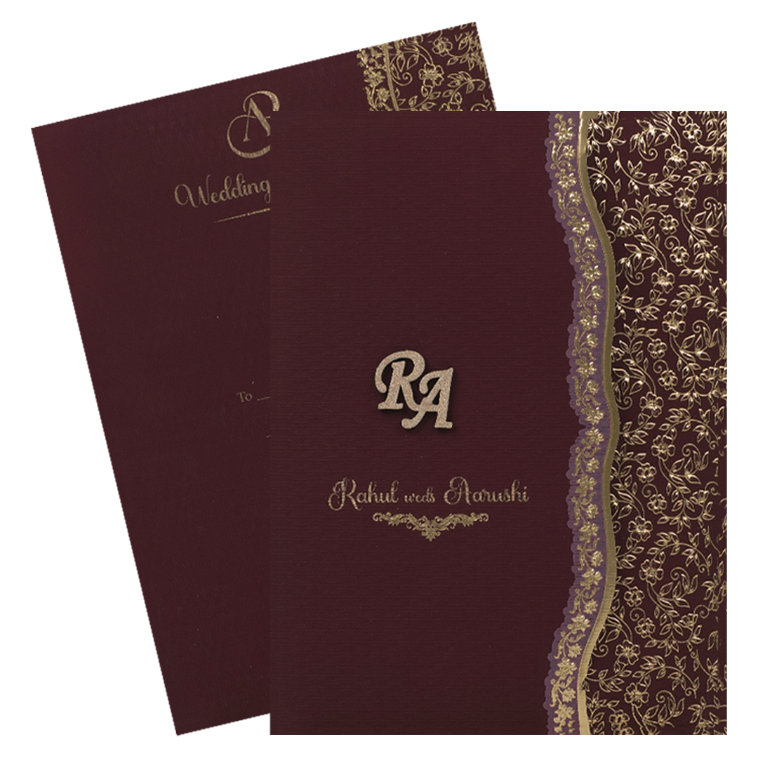 Maroon Gold Embossed Wedding Card-KSI64970