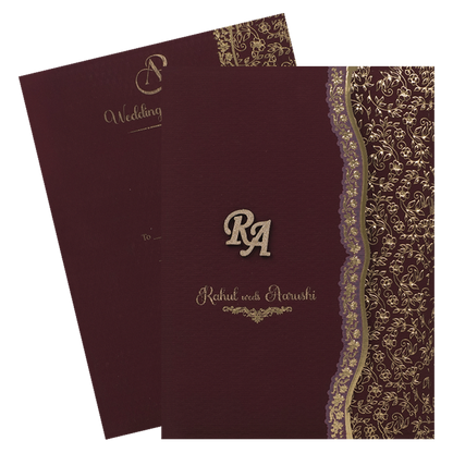 Maroon Gold Embossed Wedding Card-KSI64970