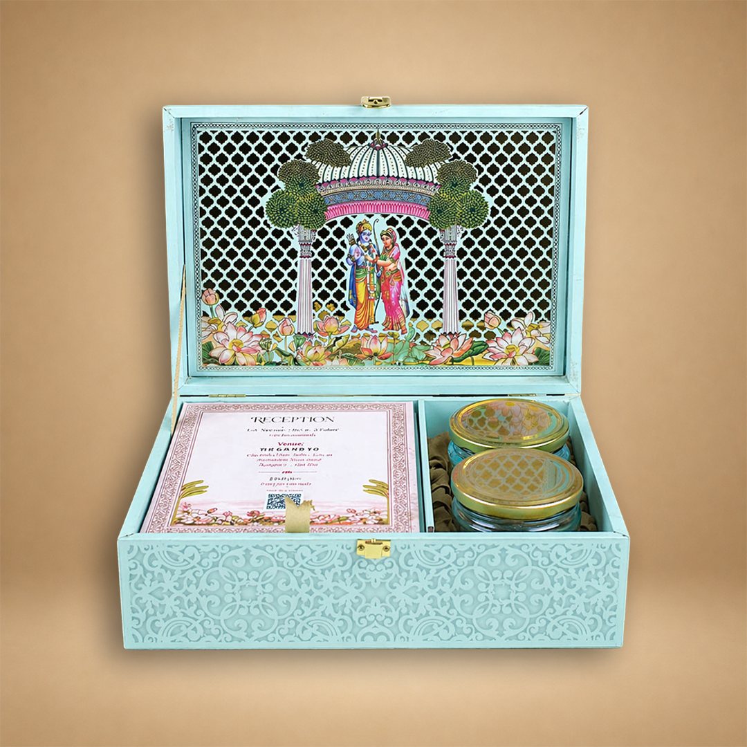 Blue Premium South Indian Temple Arch Luxury Invitation Box - KNLW202571