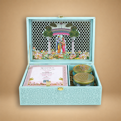 Blue Premium South Indian Temple Arch Luxury Invitation Box - KNLW202571