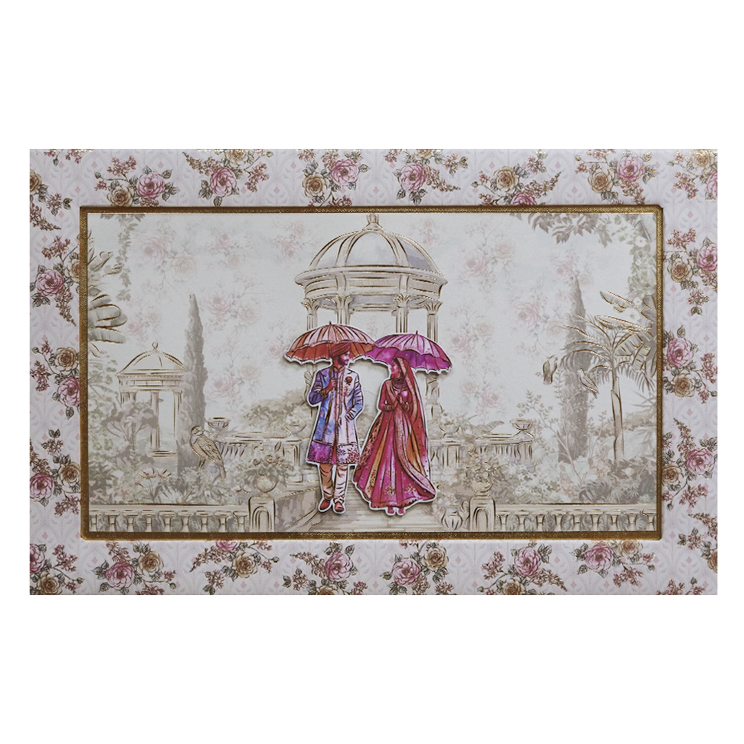 Grey Floral Palace Umbrella Couple Boxed Wedding Card - KVN07680