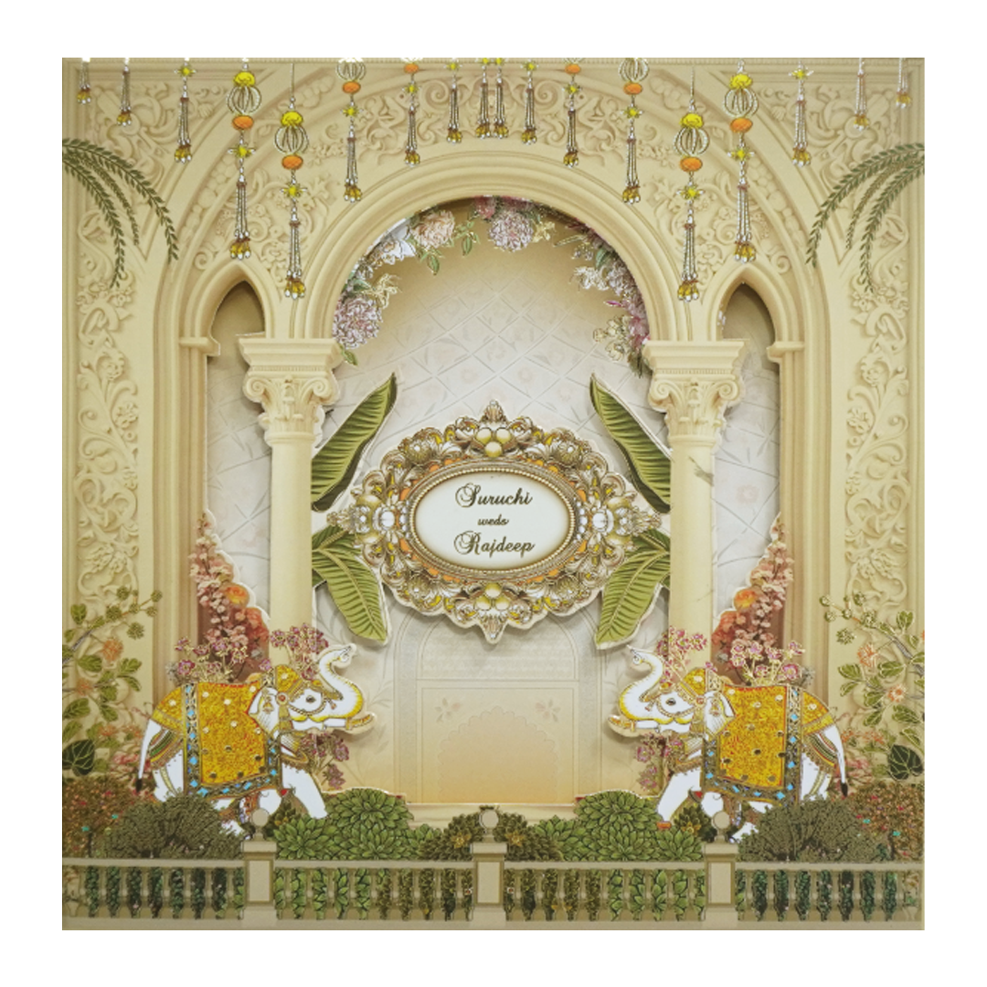 Yellow Cream Embossed Laser Cut Padded Wedding Card-KMMEX8180