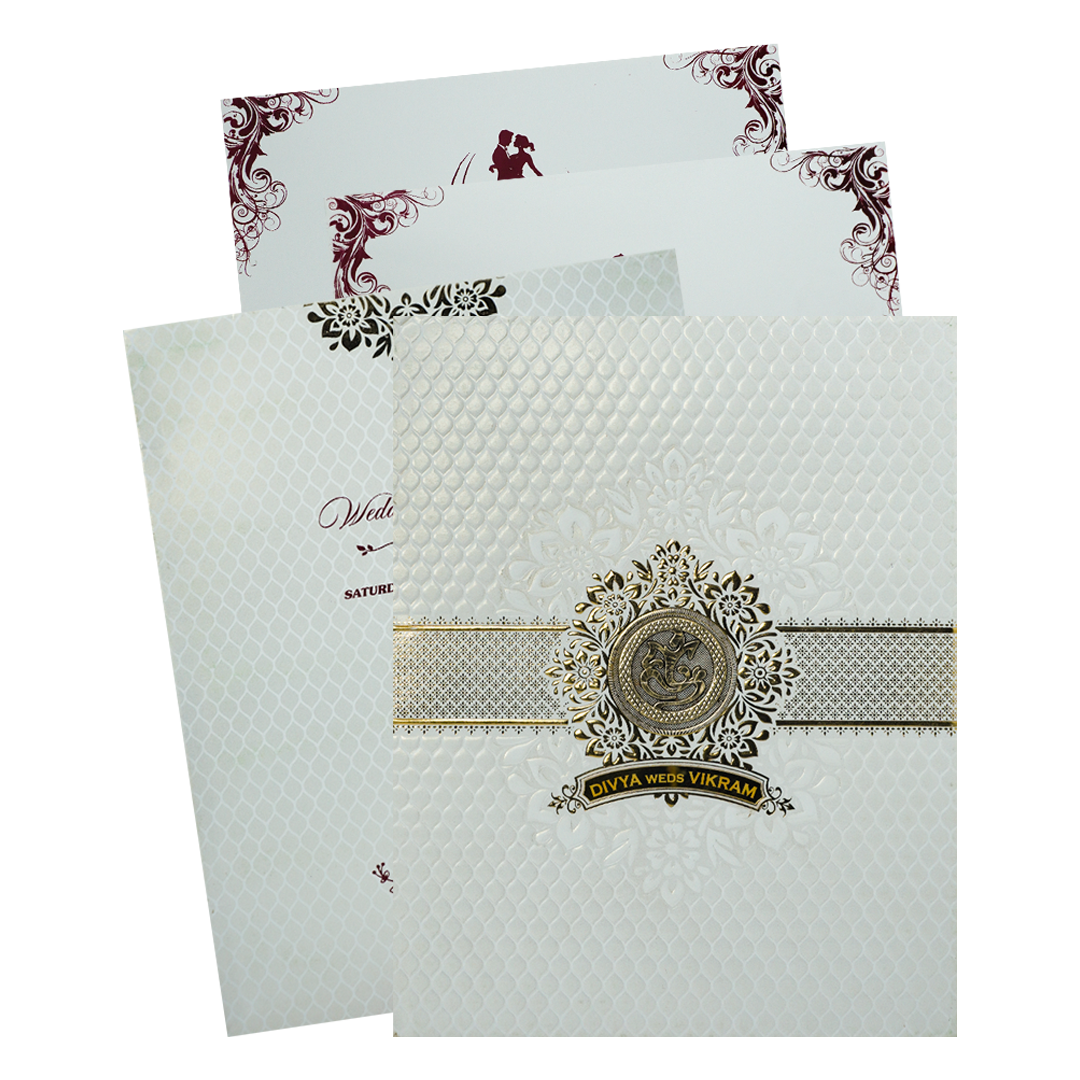 White Textured Floral Band Wedding Card-KNCS8516W