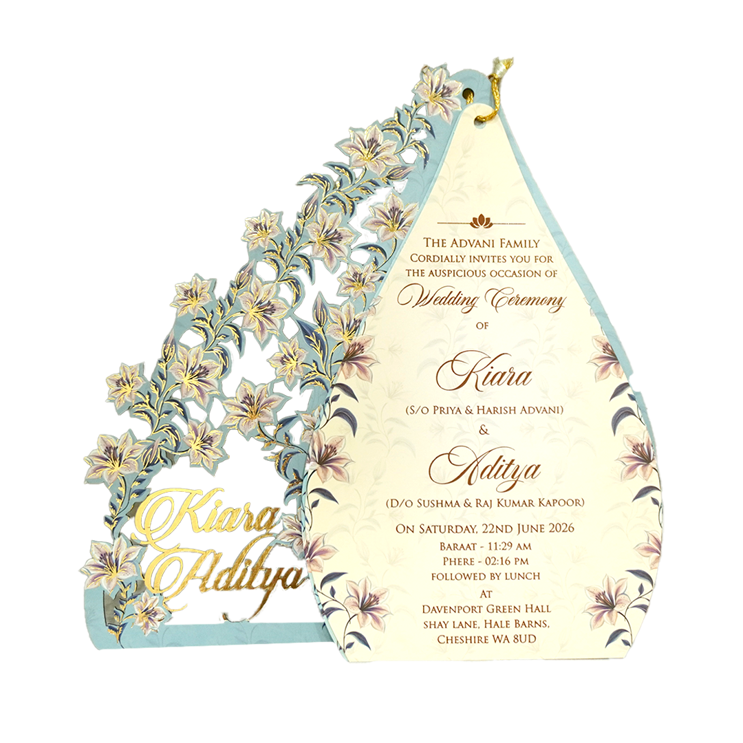 Powder Blue Floral Laser Cut Wedding Card - KFR16090