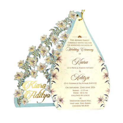 Powder Blue Floral Laser Cut Wedding Card - KFR16090