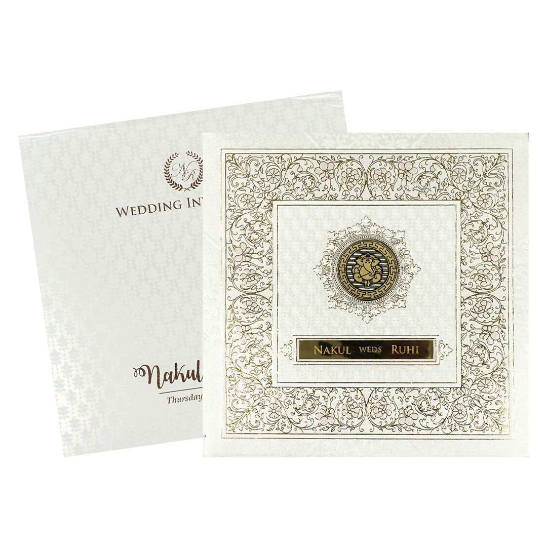 White Pastel Floral Border Padded Wedding card-KRE28300