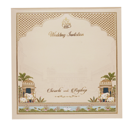 Palace Cream &amp; Blue Padded Wedding Card-KMMEX8070