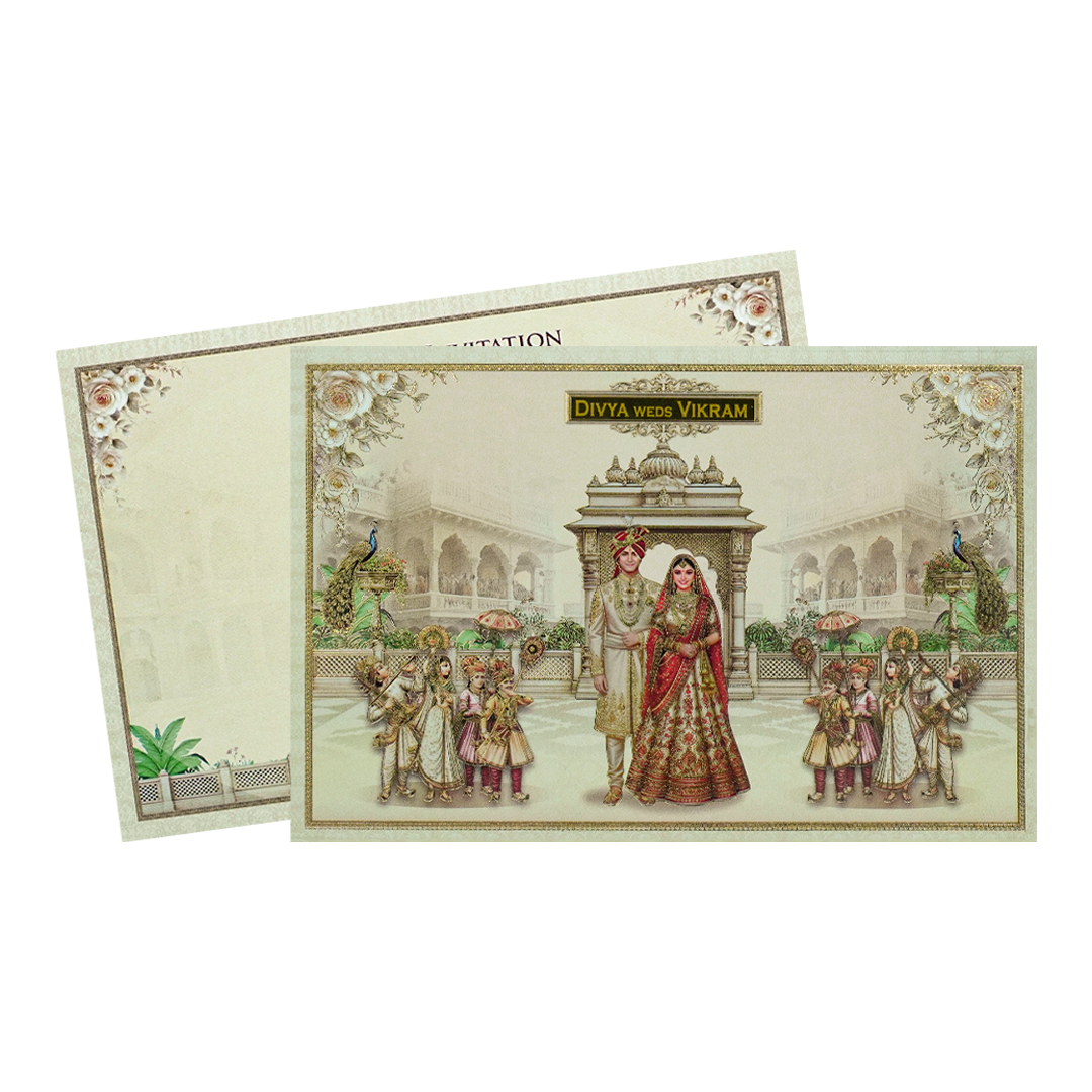 Cream Padded Palace Bride Groom Wedding Card-KNAK4702