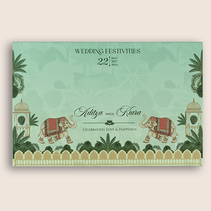 Pastel Green Embosses Elephant Padded Wedding Card - KFR17410