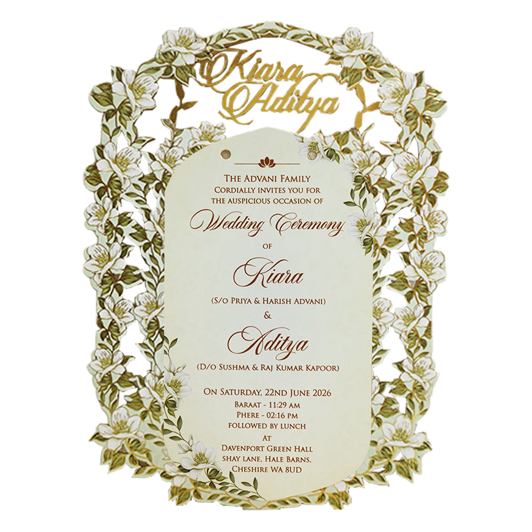 Green Gold Floral Laser-Cut Wedding Card-KFR16040