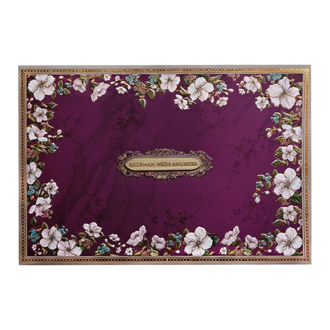 Purple Floral Padded Embossed Wedding Invitation Card-KRB09640