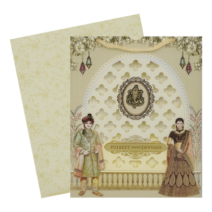 Cream Laser-Cut Bride and Groom Wedding Card-KJTS1840