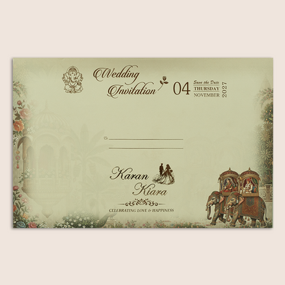 Beige Embossed Royal Baraat Door Padded Marriage Card - KSH18140