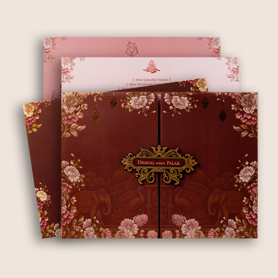 Brown Padded Floral Door Style Invitation Card - KVN07890